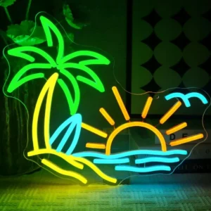 Neonowy znak z tropikalną palmą, surfowanie na plaży
