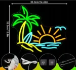 Neonowy znak z tropikalną palmą, surfowanie na plaży 2