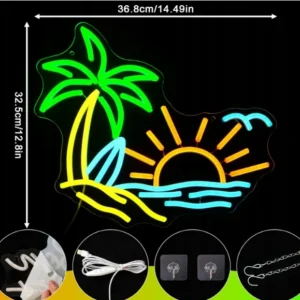 Neonowy znak z tropikalną palmą, surfowanie na plaży 2