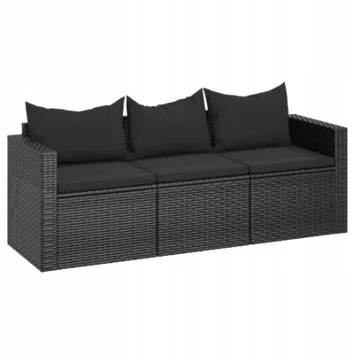 vidaXL 3-osobowa sofa ogrodowa z poduszkami, czarna, polirattan