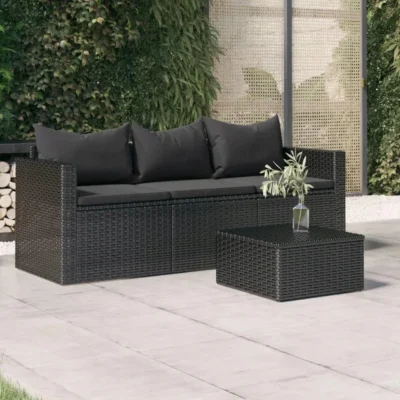 vidaXL 3-osobowa sofa ogrodowa z poduszkami, czarna, polirattan 2